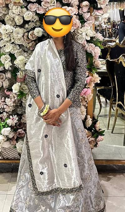 Elegant grey and black printed maxi/lehenga suit-two times use