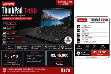 Lenovo ThinkPad T450 | Core i7 5th Gen | 8GB RAM | 256GB SSD |