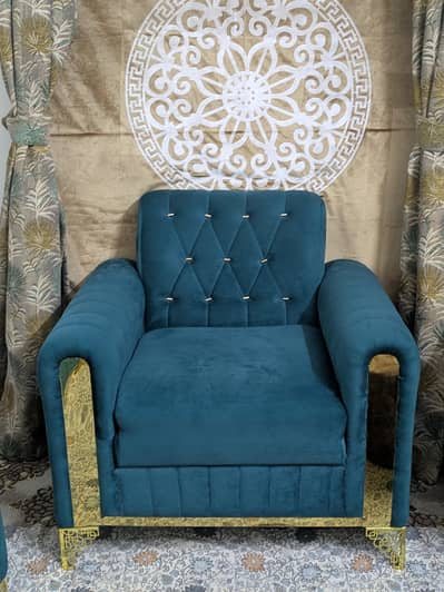Luxury Teal Velvet Sofa Set With Gold Metal Trim  (5 Seater)