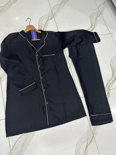 Black silk 2Pcs night suits with piping Work