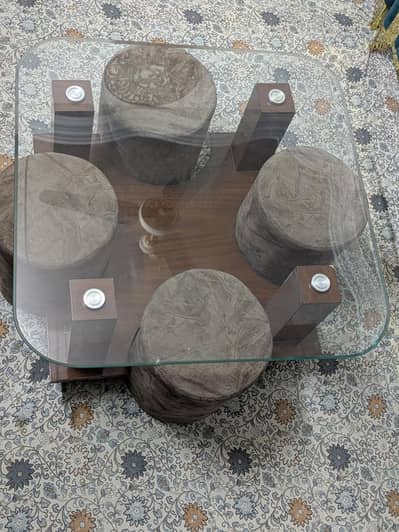 Glass Top Center Table with Ottoman Stools