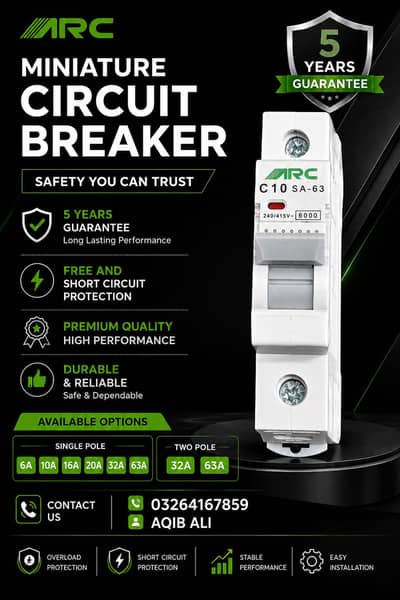 ARC MCB Circuit Breaker 6A-63A | Single & Two Pole | 5 Years Guarantee