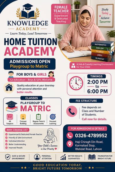 Home Tuition Academy Playgroup to Matric Boys & Girls Karmabad Lhr