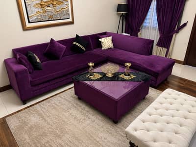 Luxury Purple Velvet L Shape Sofa Set Excellent Condition