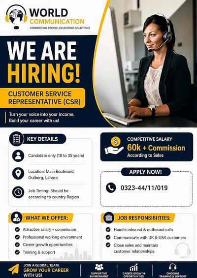 Customer Service Representatives– Gulberg Main Boulevard | Office Job