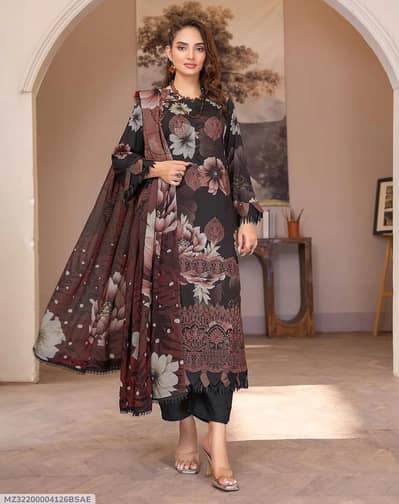 * Elegant Black 3-Piece Dobby Lawn Embroidered Suit *
