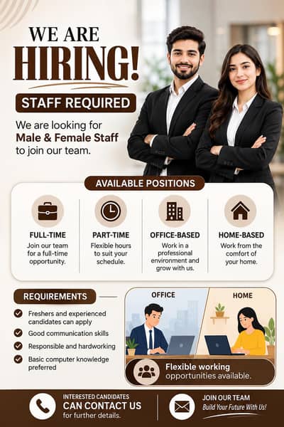 Hiring staff male female for office based, home based