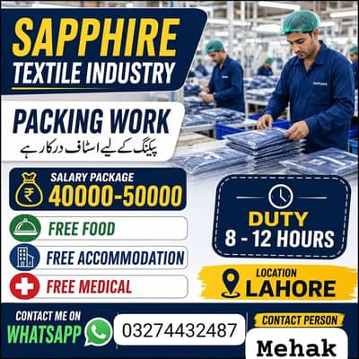 need urgent staff for garment packing jobs male and female both apply