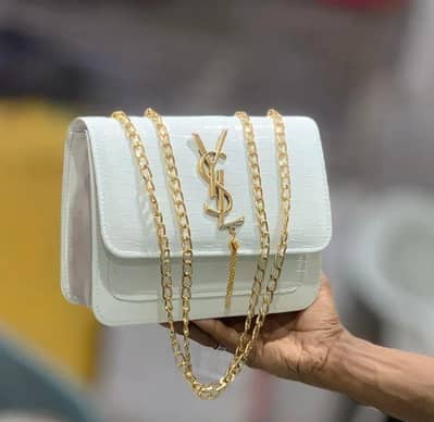 White Croc Leather Handbag with Gold Chain Strap