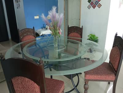 Double Glass Dining Table + 5 Chairs | Rotating Center Glass