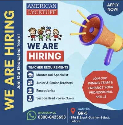 Teachers,Section Head,Receptionist Required in ALS ZZR Gulshan ravi
