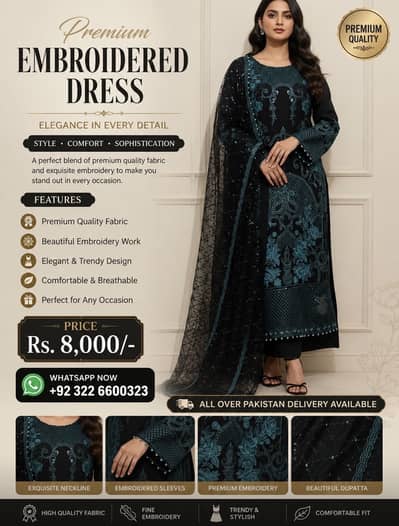 Title:  Premium Embroidered Black & Teal Dress – Elegant Collection