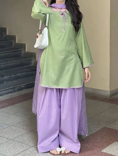 Brand New 3 Piece Lawn Suit - Parrot Green & Lavender - Size M