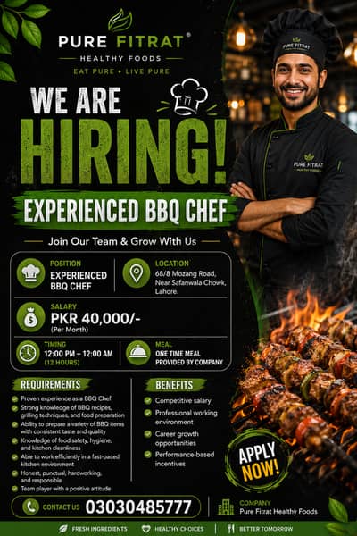 Experienced BBQ Chef Required | Male jobs | Jobs in Lahore