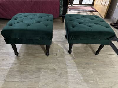 Velvet Bench Set with 2 Stools / Puffs – Emerald Green