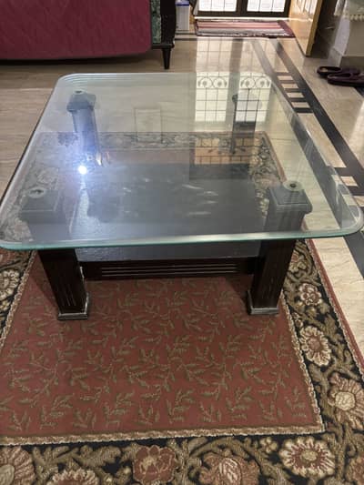 Glass Top Center Table / Coffee Table – Wooden Frame with Bottom Shelf