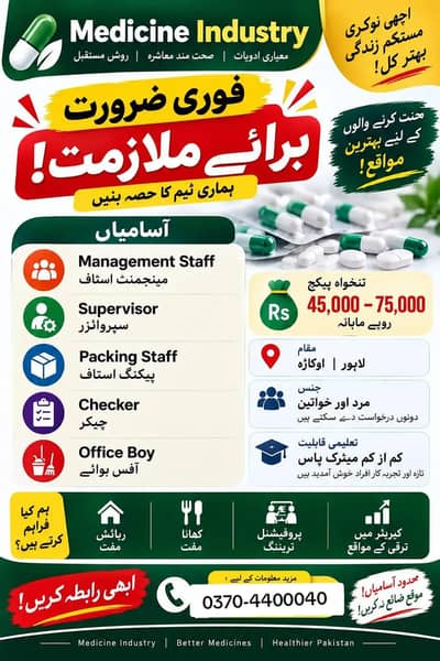 Urgent Hiring – Medicine Industry Staff | Okara Lahore | Male & Female