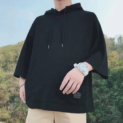 Men Black Loose Hoodie 3/4 Sleeve Summer Plus Size