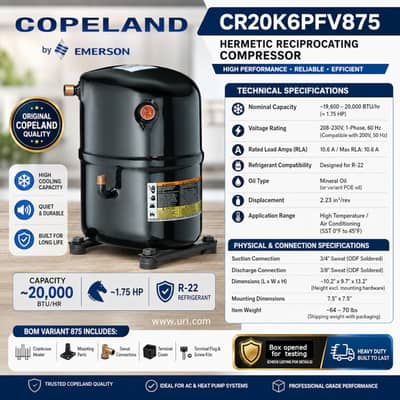 Copeland CR20K6PFV875 AC Compressor - R-22 | 208-230V, 60 Hz - 1-Phase