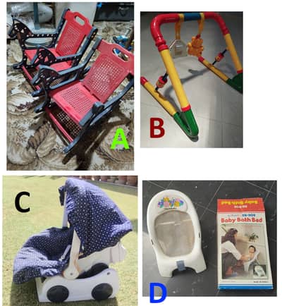 Baby items: Rocking chairs, Play gym, Carry cot, Bath bed. NO DELIVERY