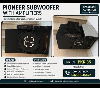 Pioneer Subwoofer + 2 Audiobank Amplifiers – Car Audio System