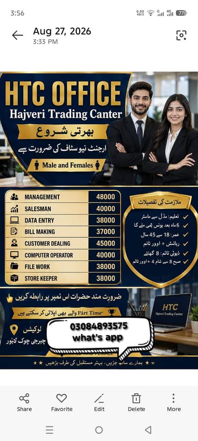 we are hearing staff male and female for office work