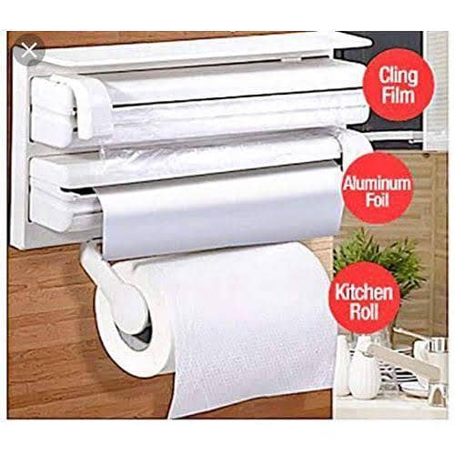 3-in-1 Kitchen Shelf: Plastic Paper Dispenser, Preservative Film Rack, and Cloth Paper Foil Storage Organizer