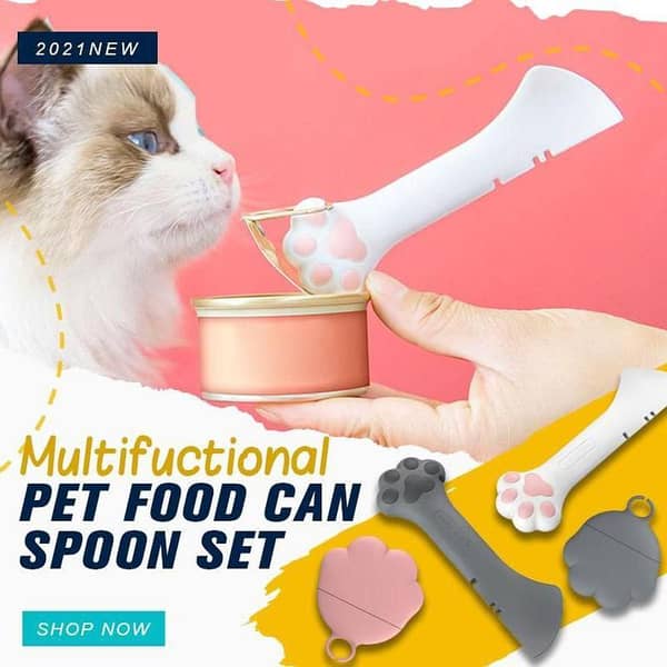 Cat Tableware: Feeding Stirring Spoon for Pets, Canned Food Can Opener with Sealing Lid (Gray/White/Pink options)