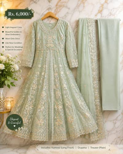 Light Angoori Green Embroidered Formal Frock – Golden & Silver Work