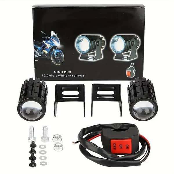 JFR AUTO Dual Color LED Mini Spotlights Set (2PCS & Switch) - White, Yellow & Strobe Modes, Waterproof Aluminum Body for Motorcycles & Electric Vehicles