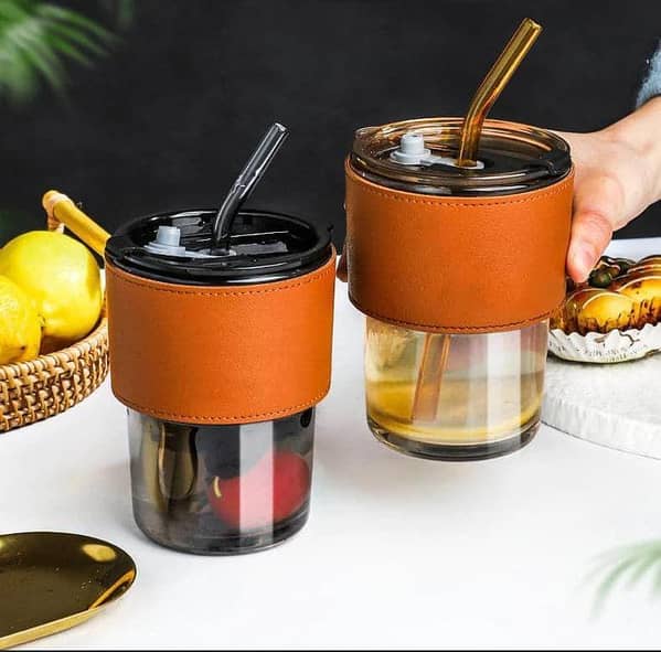 Premium Glass Tumbler with Straw & Leather Sleeve – Reusable Iced Coffee Cup for Home, Office & Travel