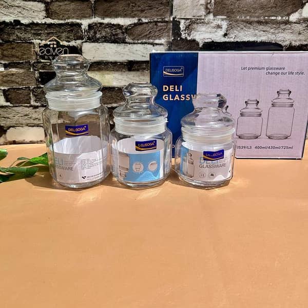 3 Pcs Glass Jar Set Airtight Food Storage Containers with Lids – Kitchen Spice, Dry Fruit & Snack Organizer