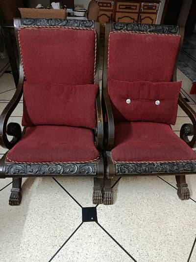 Pair of Red Wooden Lounge Chairs / Easy Chairs – Solid Wood