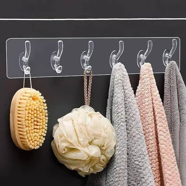 Transparent Wall Mounted Hook Strip – 6 Hooks – Strong Adhesive Storage Hanger for Kitchen & Bathroom