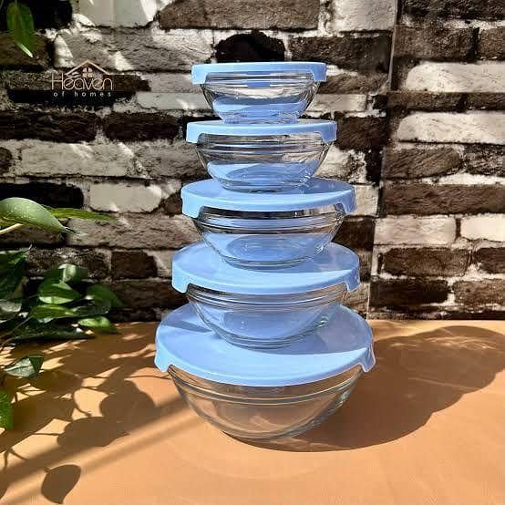 5 Pcs Glass Bowl Set with Lids – High Quality Transparent Glass Containers for Kitchen Storage & Serving