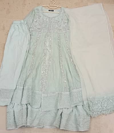 Beautiful Light Mint Green Embroidered 3-Piece Party Wear Dress
