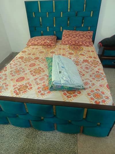 Complete Double Bed Set + Mattress + 2 Side Tables – Teal & Gold