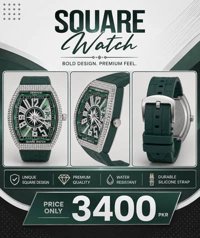 Premium DENVOSI Luxury Square Watch for Men - Green Silicone Strap