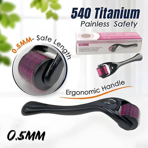 Derma Roller 540 Titanium Microneedles 0.5mm – Skin Care Tool for Face, Beard Growth & Hair Regrowth – Safe & Painless Micro Needle Therapy