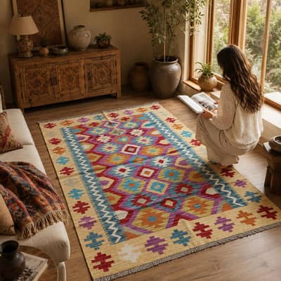 182 x 113cm Handmade Kilim Wool Rug - Natural Vegetable Dyed