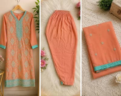 Peach Embroidered 3 Piece Suit – Shirt, Shalwar & Dupatta
