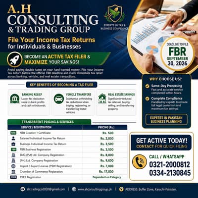 Sales Tax, Income Tax Consultant , FBR , Tax Filer, NTN ,SECP