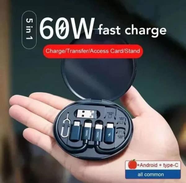 5 in 1 Fast Charging Data Cable Set – 60W Portable Multifunctional Charger with Type-C, Micro USB, iOS Connectors, SIM Ejector, Card Holder & Mobile Stand