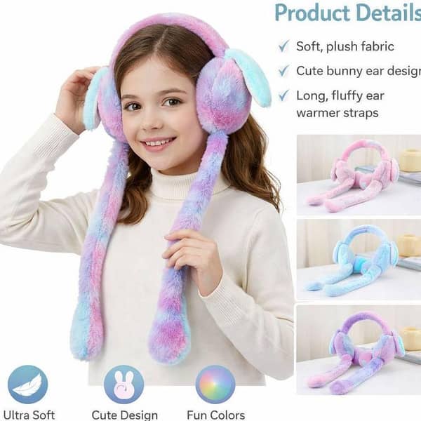 Kids Plush Bunny Ear Moving Head Muff with LED Lights by Creative Jumping Ears - Rainbow Rabbit Ear Warmer for Girls