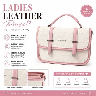 Premium Ladies Leather Purse | Stylish Quilted Handbag | Pink & White