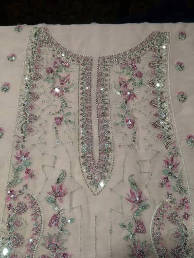 `Heavy Embroidered Chiffon Shirt - Tea Pink Mint Zari Work
