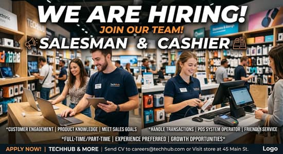 salesman and cashier required +92 308 4132943