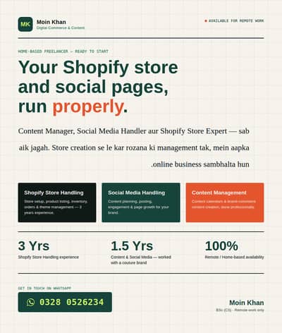 Home-Based Content Manager | Social Media Handler | Shopify Store Exp