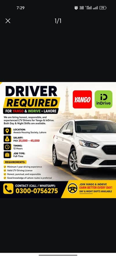 Driver Required for Yango & InDrive – College road,Lahore