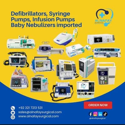 Defibrillators, Syringe Pumps, Infusion Pumps Baby Nebulizers imported